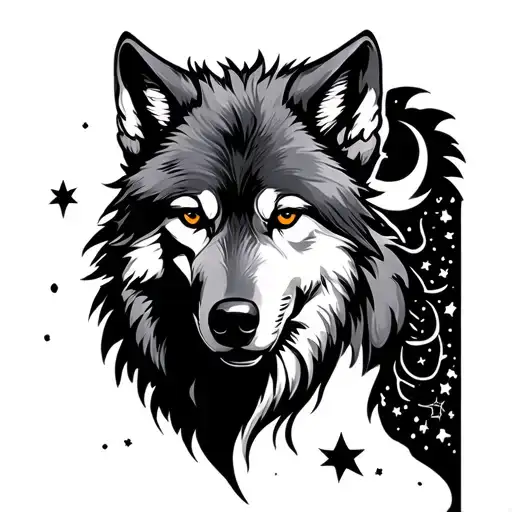 Wolf With Stars And Moon