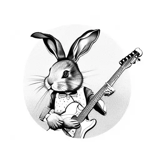 A Black And Grey Sketch Of A Bunny Playing A Guitar In A Garden