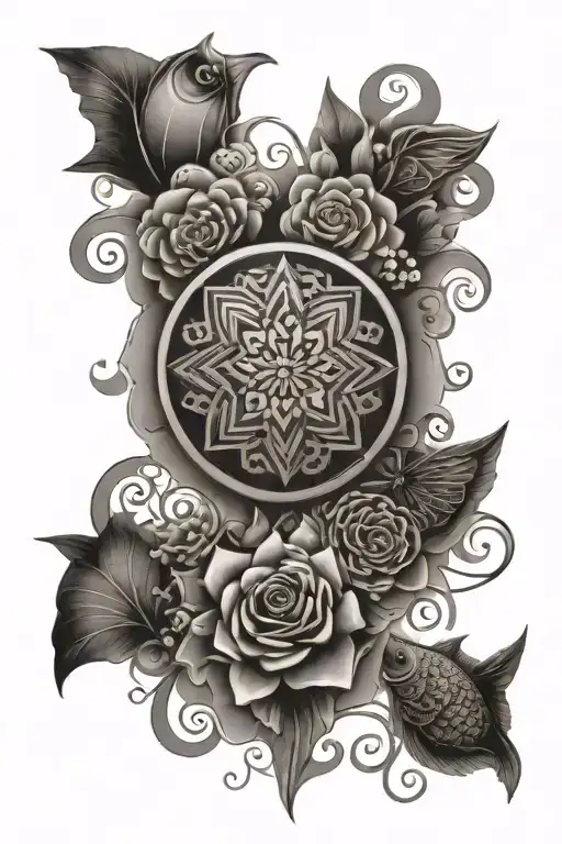 Upper Arm Tattoo With Mandala And Fish And Small Letter L