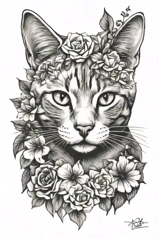 White And Grey Realistic Cat Portrait With Flowers And Lines