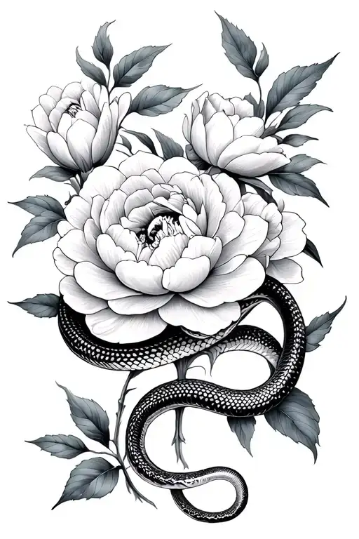 Snake Intertwined In Peony Flowers