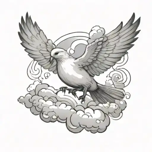 A Dove With It Wings Spread And Clouds Surrounding