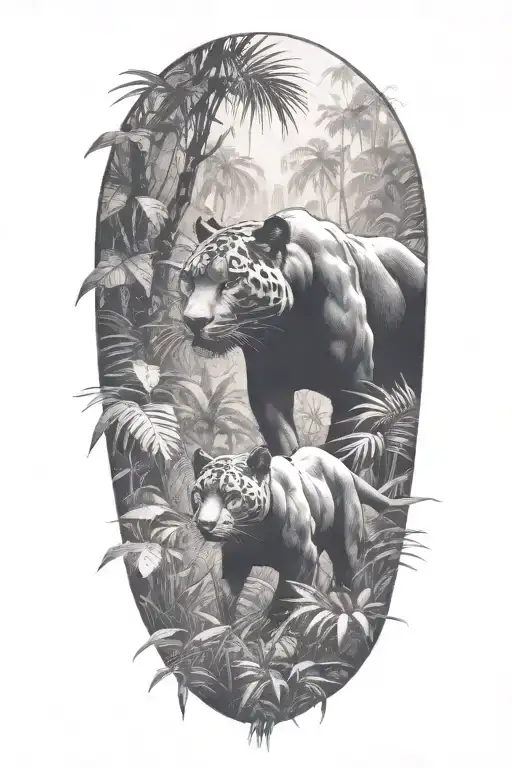 A Pack Of Panthers Stalking Through A Dense Jungle With Rain Falling