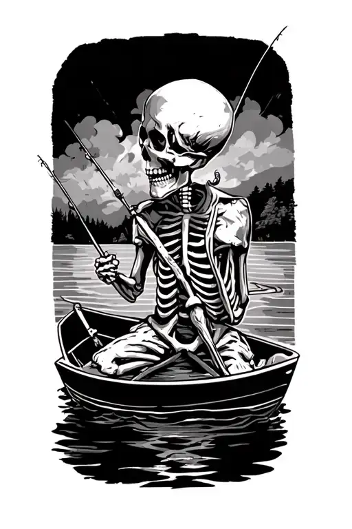 Skeleton With Fishing Pole One Last Cast From A Boat