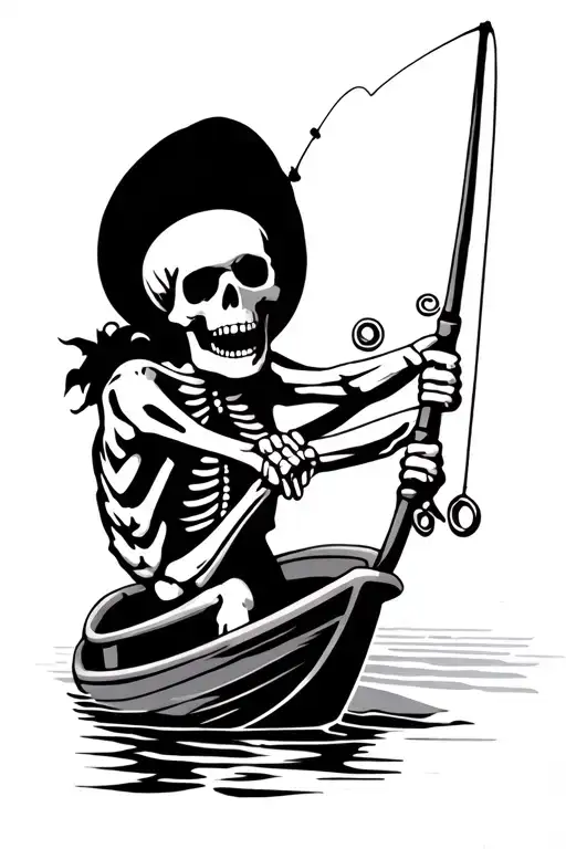 Skeleton With Fishing Pole One Last Cast From A Boat