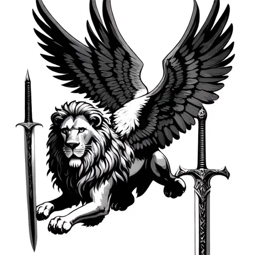 Lion With 3 Sets Of Eagle Wings Holding Sword