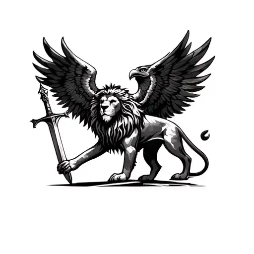 Lion With 3 Sets Of Eagle Wings Holding Sword