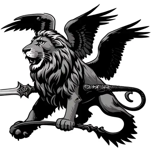 Lion With 3 Sets Of Eagle Wings Holding Sword