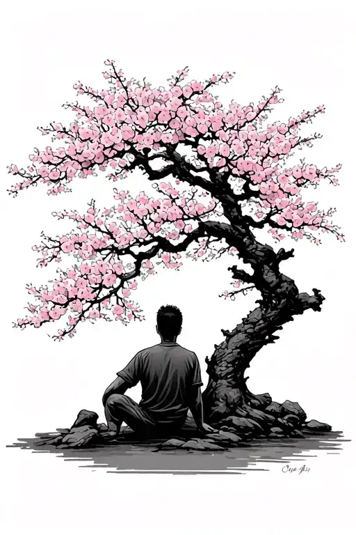 Small Man Sitting Under Cherry Blossom Tree
