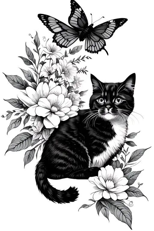 Arabic Floral Composition With Cat Trying To Catch A Butterfly Or Bird