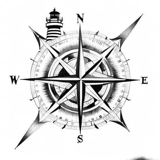 A Compass Rose Intertwined With A Lighthouse