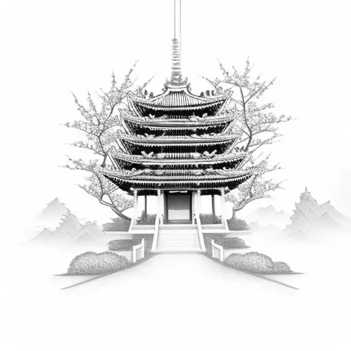 Asian Temple With Cherry Blossoms