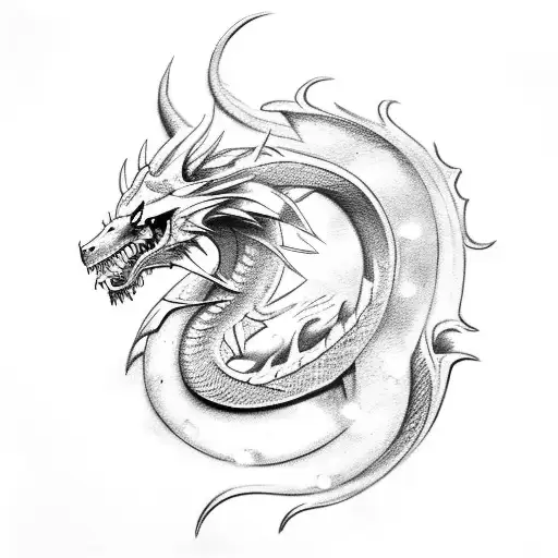 Elegant Black And Grey Tattoo Depicting A Dragon And A Wolf