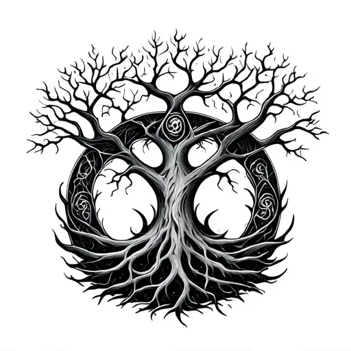 Yggdrasil Tattoo In Linework Style Round