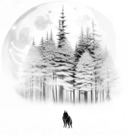 A Mystical Scene Of A Lone Wolf Walking Through A Forest With Moonlight Shining Through The Trees