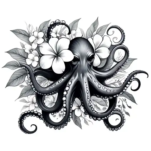 Octopus And Other Sea Creatures In Plumeria Flower Tattoo Sleeve