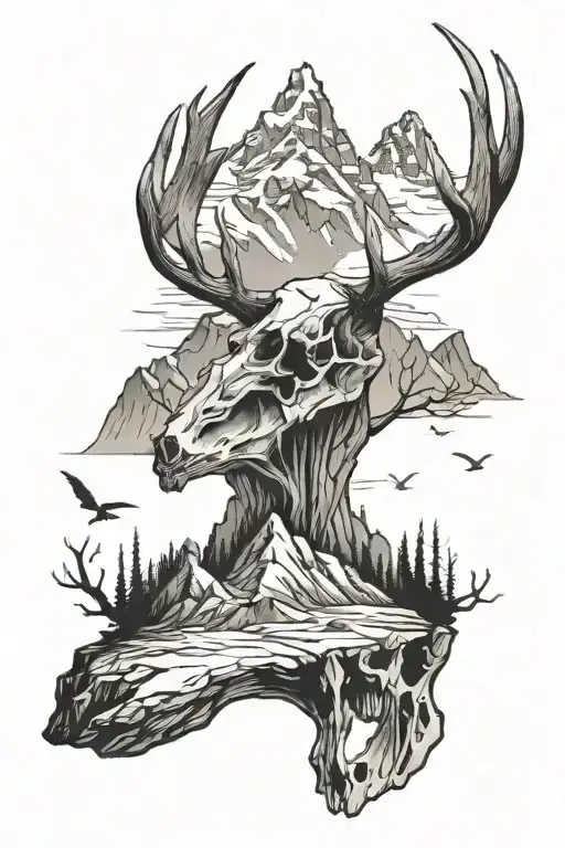 Mountain Range And Deer Skull