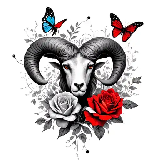 Red Ink Aries Constellation Intertwined With Butterflies And Roses
