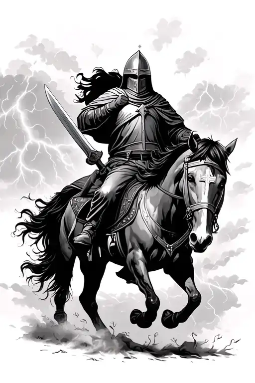 Crusader Riding A Horse In A Thunder Storm With A Sword And Shield With A Cross
