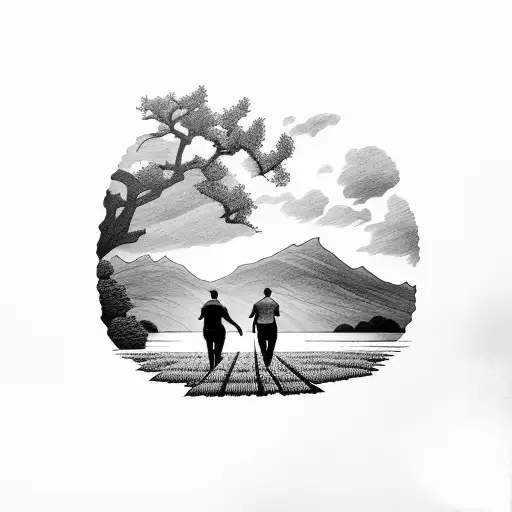 Two People Walking Away In A Hay Field With A Lake And Mountains In The Background
