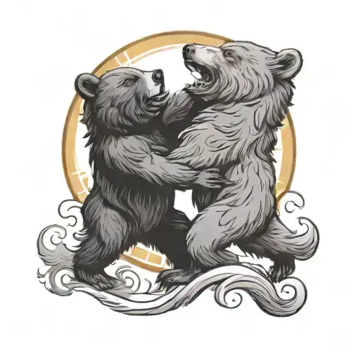 Two Bear Fighting With Sun And Moon On Top Of Them