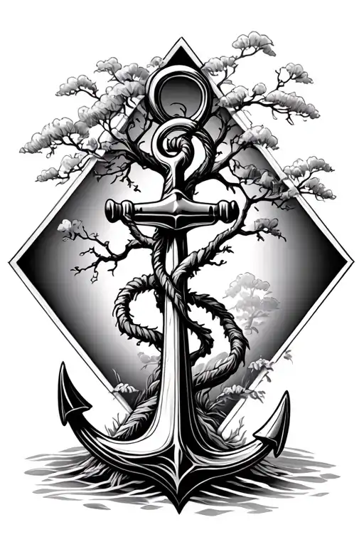 Anchor Connected To Tree Inside A Diamond Shaped Line Outlining