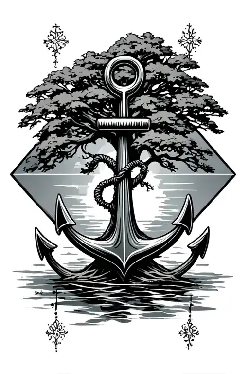 Anchor Connected To Tree Inside A Diamond Shaped Line Outlining