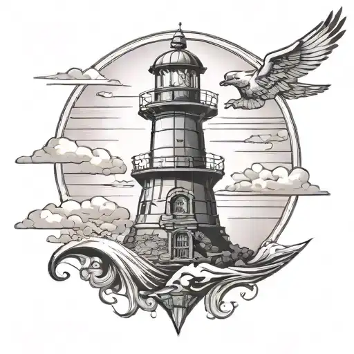 A Majestic Lighthouse Overlooking A Serene Ocean Scene With A Firefighter's Helmet Incorporated