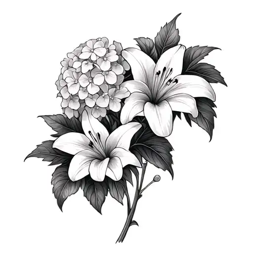 2 Hydrangea And 3 Lily Flowers Growing Fine Line