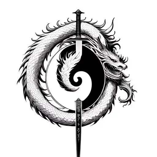 Chinese Dragon Wrapped Around A Katana With The Dragon Inside The Katana With A Ying And Yang Touch