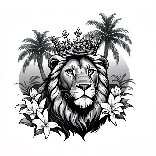 Lion With A Crown Surrounded By Palm Trees And Lillies