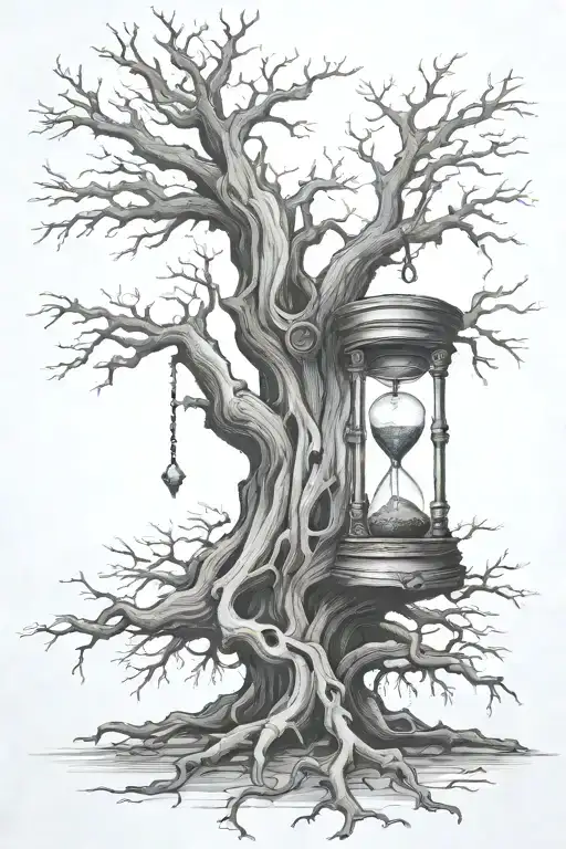 Dead Oak Tree With Broken Hourglass With Roots Growning Through In The Cleltic Style