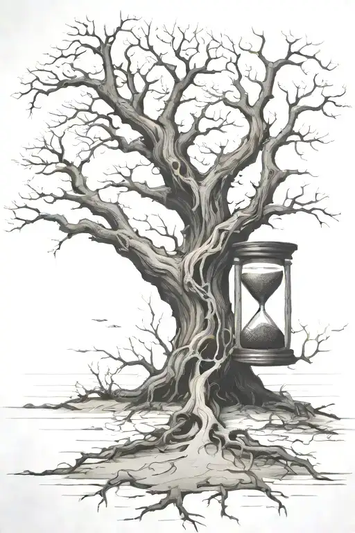 Dead Oak Tree With A Broken Hourglass In Roots And Sand Spilling Out
