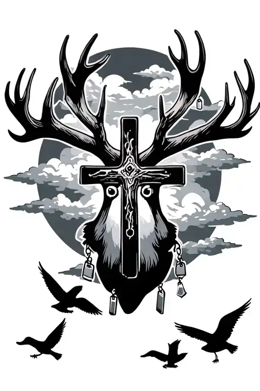 Cross With Dog Tags Hanging Off Of Antlers With Clouds And Birds In The Back Ground