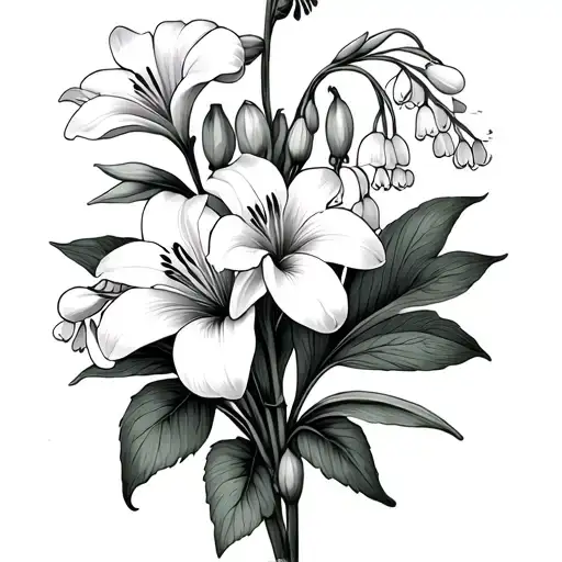 Lily Of The Valley Hawthorn Violet And Iris Flowers Back And White