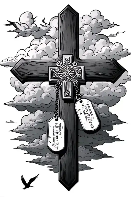 Cross With Dog Tags Hanging Off Of The Cross With Clouds And Birds In The Back Ground