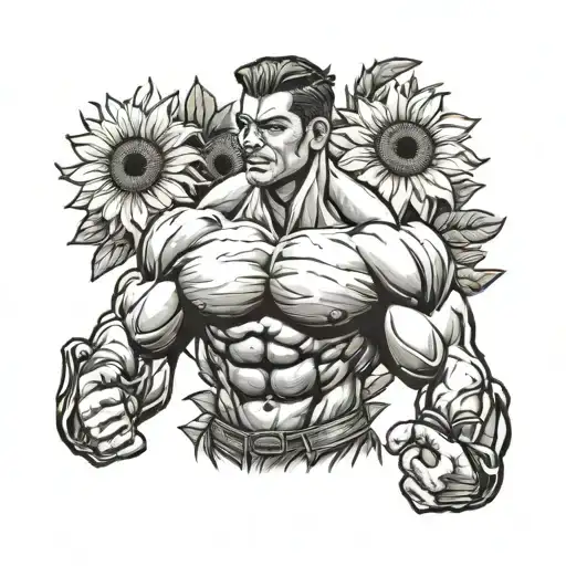 Create A Tattoo Of A Bodybuilder Flexing With Sunflowers In The Background