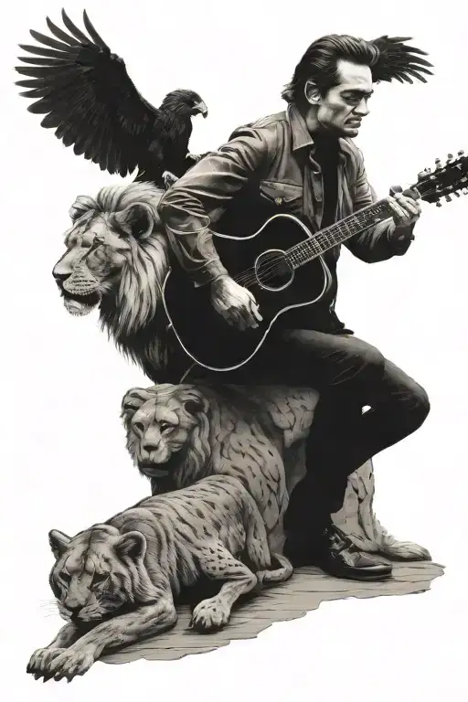 A Portrait Of Johnny Cash Playing A Guitar With A Lion And Eagle Standing Beside Him