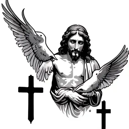 Jesus Tattoo With Three Crosses At The Bottom And Two Doves Facing The Opposite Way