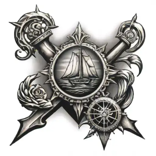 Anchor And Sailboat With Compass Above It