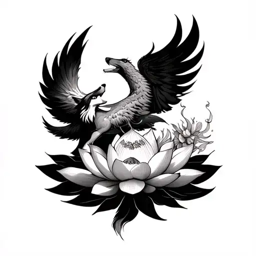 Lotus Flower With Pheonix Rising From It With A Wolf Next To The Pheonix