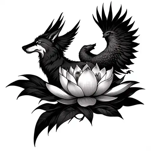 Lotus Flower With Pheonix Rising From It With A Wolf Next To The Pheonix