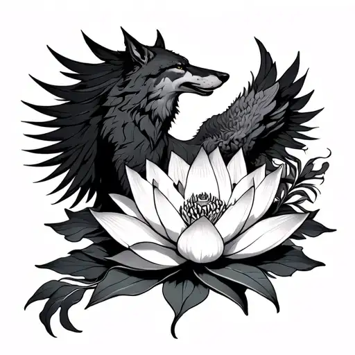 Lotus Flower With Pheonix Rising From It With A Wolf Next To The Pheonix