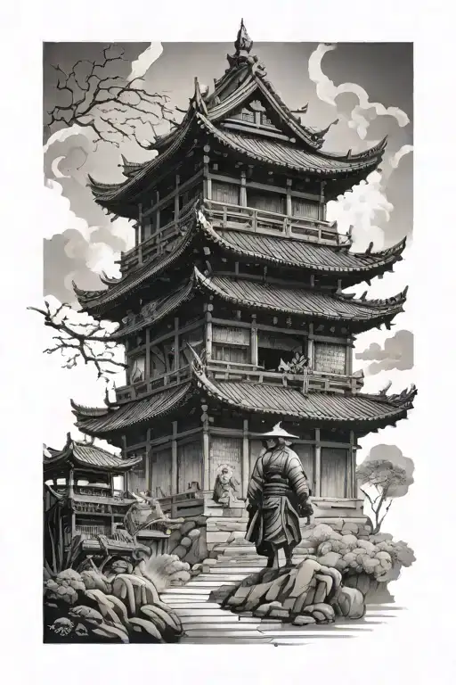 Pagoda Temple And Samurai Standing