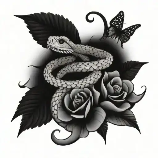 Snake Wrapping With Flowers And Butterflies