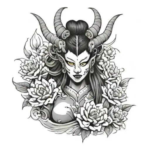 Japanese Oni Demon Girl With Flowers Blooming