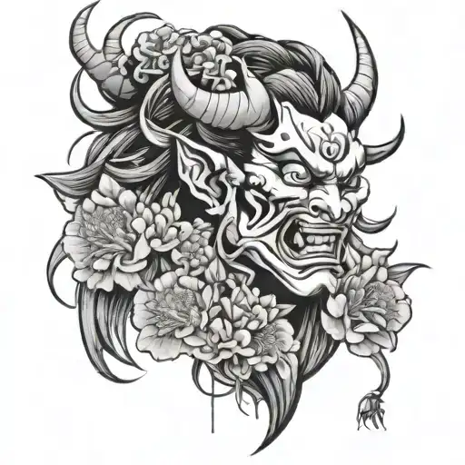 Japanese Oni Demon Girl With Flowers Blooming