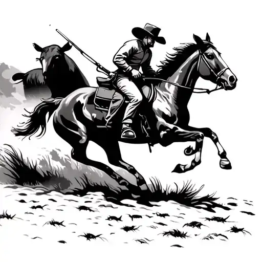 Cowboy On A Horse Chasing Cattle