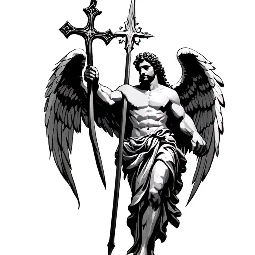 Male Angel At The Gates Of Heaven Holding A Spear Thats A Cross