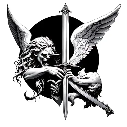 Angel Cutting Devils Throat With Sword